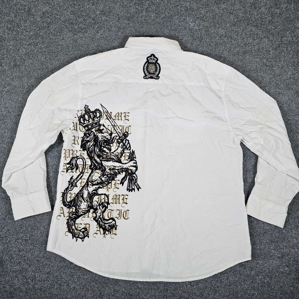 Y2K Red‎ Ape Graphic Lion Crown Long Sleeve Button Up Shirt White Mens 2XL Flaws
